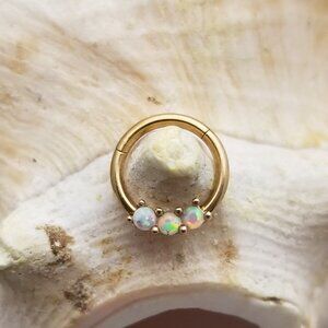 16G hinged ring 3 white opals rose gold tragus, daith cartilage piercings